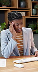 Black woman, stress and headache in office with computer, audit deadline or issue with report. Exhausted, African person and strain in business with burnout, tension or pain for accounting job