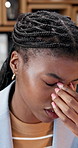 Black woman, stress and eye strain in office with fatigue, audit deadline or issue with report. Exhausted, African person and headache in business with burnout, tension or pain for accounting job