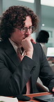 Thinking, laptop or man in agency with glasses, seller insight or decision on property valuation. Reflection, coworking or realtor with tech, mortgage plan or listing evaluation in asset investment.