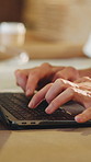 Laptop, hands and typing in office for carpentry, review design and project quote on email. Computer, carpenter and person with keyboard for schedule, woodwork planning and custom pricing update