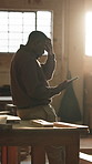 Carpenter, stress and black man on tablet in workshop for bad news, delay and production fail. Carpentry, manager and person with frustrated, worry and tech for timber business, crisis and mistake