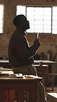 Carpenter, thinking and black man on tablet in workshop for bad news, hope and production fail. Carpentry, manager and person with frustrated, worry and tech for timber business, crisis and concern