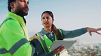 Conversation, engineering and tablet with people on construction site together for collaboration. Architecture app, planning and project management with building team outdoor for design discussion