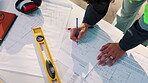 Construction, blueprint or hands on site with writing, floor plan or drafting in project management. Above, man or engineer with notes, industrial sheet or architecture sketch of operation report.