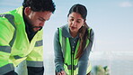 Architecture, blue sky and conversation with people on construction site together for collaboration. Development, engineering and project management with building team outdoor for design discussion