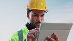 Construction, design and tablet with engineer outdoor on building site for property development. Digital app, inspection and project management with serious architect on worksite for quality control