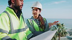 Blueprint, engineering and pointing with people on construction site together for collaboration. Architecture, planning and project management with building team outdoor for floor plan discussion