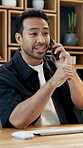 Businessman, conversation and computer with phone call in office for negotiation, advice or chat. Man, employee or sales representative talking on smartphone for business discussion or proposal