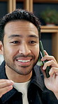 Businessman, discussion and talking with phone call in office for negotiation, advice or chat. Man, employee or sales representative with smile on smartphone for business conversation or proposal