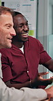Laughing, talking and teamwork with business men in office to review website analytics or data. Conversation, funny and statistics with employee people in workplace for feedback or strategy meeting