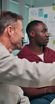 Happy, pointing and talking with business men in office to review website analytics or data. Conversation, laughing and statistics with employee people in workplace for feedback or strategy meeting
