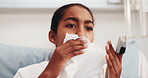 Sick, girl or blowing nose with tissue in hospital bed for hayfever, illness or virus in clinic. Child, kid or influenza with toilet paper, cold or flu for medical allergies, sinus or chronic disease