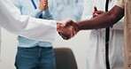 Applause, handshake and welcome with business people in office for collaboration or promotion. Clapping, success and thank you with employees shaking hands in workplace for celebration of partnership