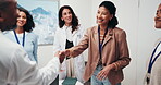 Applause, handshake and smile with business people in office for celebration of collaboration. Clapping, thank you and welcome with happy employees shaking hands in workplace for bonus or partnership