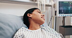 Healthcare, recovery and thinking with woman in hospital bed for monitoring, oxygen or treatment. Breathing tubes, medical and reflection with patient in clinic for post surgery contemplation