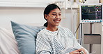 Face, woman and bed at hospital with smile, admission and inpatient care for medical treatment. Portrait, person and happy in ward for recovery, patient healing and healthcare services for wellness