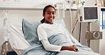 Face, kid and bed at hospital with smile, admission and inpatient care for medical treatment. Portrait, girl and happy in icu ward for recovery, patient healing and healthcare services for wellness