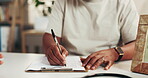 Hands, paperwork and elderly person in office with signature, agreement and insurance contract. Consultation, application and senior client in firm with writing, personal info and retirement annuity