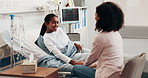 Girl, mother and discussion in hospital bed for health, wellness and medical visit with consultation. Child, parent and checkup with conversation for recovery, results and healthcare assessment