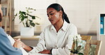 Doctor, woman and paperwork in consultation with info, medical survey and explain treatment for care. Gynecologist, patient and clipboard in clinic for discussion, IVF procedure and hormone timeline