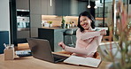 Woman, celebration and remote work in apartment with laptop, good news and happy for bonus reward. Excited, person and freelancer in home with computer, fist pump and announcement of prize for job.