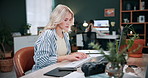 Creative, online and woman with computer in business, graphic designer and digital assignment on web. Employee, typing and person with stylus for sketch, coworking and planning for design with tech