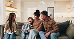 Care, smile and family in house with fun, loving connection and bonding together on day off. Laugh, parents and children on couch with running, playful relationship and happy moment on weekend break.