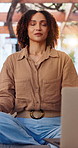 Woman, relax and breathing with laptop for meditation, spiritual wellness or inner peace in home. Calm, female person or yogi with computer or app for mindfulness, zen tutorial or awareness in house