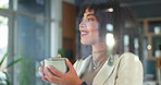 Thinking, business and woman in office with coffee, start day and inspiration for court case. Smile, lawyer and daydreaming at window with beverage, legal strategy and solution of lawsuit proceedings