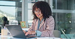 Woman, smile and typing in office with laptop, brand awareness project and notification of good news. Happy, person and email in creative agency with computer, positive feedback or campaign approval.