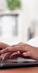 Typing, report and hands with laptop in business, administration or project management with research. Office manager, schedule and person with technology, financial update and budget review on web