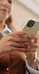 Phone, contact or hands in city with texting, agenda change or online conversation on project. Typing, woman or employee outdoor with tech, schedule update or report feedback in digital communication
