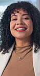Business, woman and smile with face in office for corporate banking, risk manager and job integrity. Confident, compliance officer or happy at firm for financial career, regulatory expertise or trust