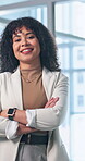 About us, arms crossed and face of business woman in office for corporate or finance career. Confidence, friendly and smile of happy employee in financial workplace for investment or risk management