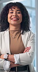 About us, arms crossed and smile of business woman in office for corporate or finance career. Confident, friendly and face of happy employee in financial workplace for investment or risk management