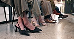 Legs, recruitment and person in waiting room with anxiety, career change and job opening with group. Shoes, line and nervous candidate with hr vacancy, hiring opportunity and employment search