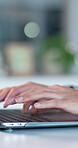Typing, schedule and hands with laptop in business, administration and project management with info. Office manager, research and person with technology, financial update and budget review on website
