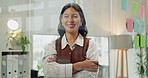 Face, woman and arms crossed in office with glass wall, smile and pride for creative marketing plan. Happy, person and confident in agency with moodboard, sticky note or about us for advertising job.