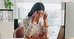 Business, woman and computer headache in office for eye strain, audit overload and glasses pressure. Accountant, tech or stress with migraine for wrong prescription, tension massage or vision fatigue