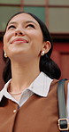 Thinking, smile or businesswoman in town with insight, fresh air or mindfulness in morning travel. Breathe, below or person outdoor with daydream, peaceful perspective or mindset on employee commute.