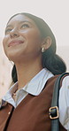 Thinking, happy or businesswoman in city with insight, inspiration or mindfulness in morning travel. Daydream, below or person with reflection, peaceful perspective or mindset on employee commute.