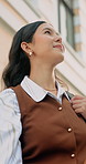 Thinking, smile or businesswoman in city with inspiration, fresh air or mindset in morning travel. Breathing, below or person with daydream, peaceful perspective or mindfulness on employee commute.