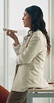Business, woman and speaker phone in office with conversation, update and advice from HR management. Person, tech and contact in workplace with human resources job, online communication and feedback.