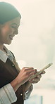 Happy, woman and break in office with phone, text message and scroll for social media notification. Person, smile and browsing in workplace with tech, reading news and mobile app for online chat.