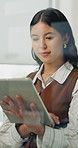 Thinking, tablet and business woman in office with planning for project, ideas and news article. Media agency, creative and person with inspiration for proofreading, editing report and submission