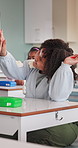 Success, paper and child in classroom with high five, good grade and achievement in school subject. Education, teacher or happy student with shock, well done or top score in elementary assignment.