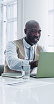 Meeting, discussion or black man in office with laptop, forecast or growth plan in budget review. Talking, happy or mature finance advisor with tech, profit outlook or feedback on revenue projection.