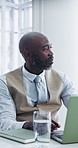 Meeting, discussion or black man in firm with laptop, forecast or growth plan in budget review. Talking, briefing or mature finance advisor with tech, profit outlook or feedback on revenue projection