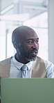 Meeting, laptop or mature man in office with review, forecast or growth plan in budget track. Talking, black person or  finance advisor with proposal, profit outlook or feedback on revenue projection