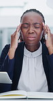 Multitask, stress and black woman in office with headache for deadlines, burnout or fatigue. Overstimulated, migraine and corporate employee with exhaustion for workload, tasks or projects at agency.
